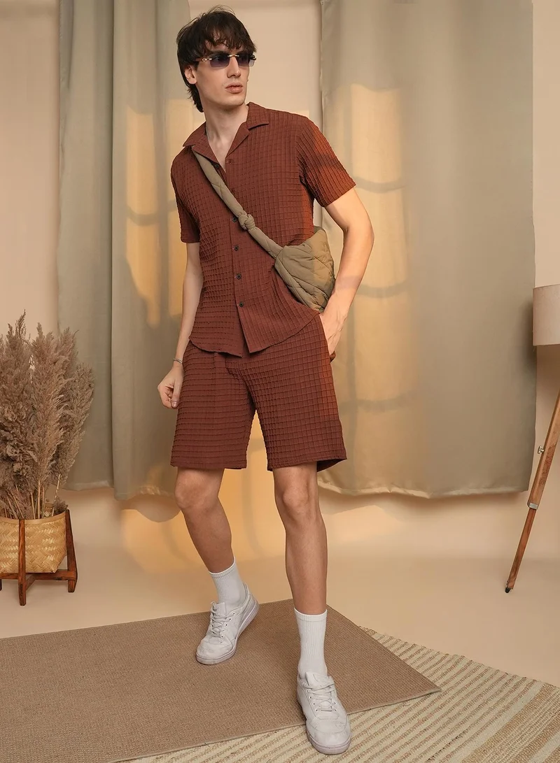 CAHOOT  Men's Chocolate Brown Waffle-Textured Co-Ord Set For Casual Wear | Cuban Collar | Short Sleeve | Button Closure | Co-Ords Crafted With Comfort Fit For Everyday Wear for Men | Best Price UAE